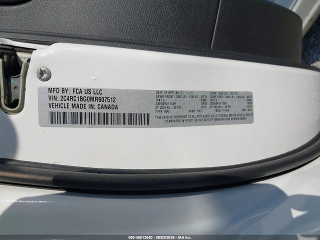 Продажа на аукционе авто 2021 Chrysler Pacifica Touring L, vin: 2C4RC1BG0MR607512, номер лота: 46012040