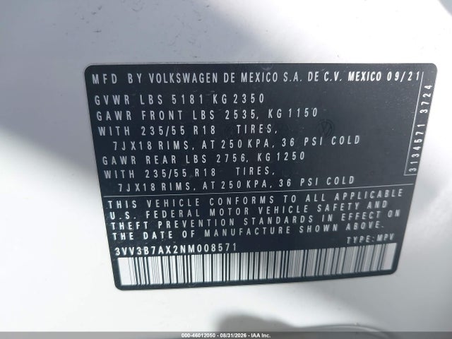 Aukcja sprzedaży 2022 Volkswagen Tiguan 2.0t Se, vin: 3VV3B7AX2NM008571, numer aukcji: 46012050
