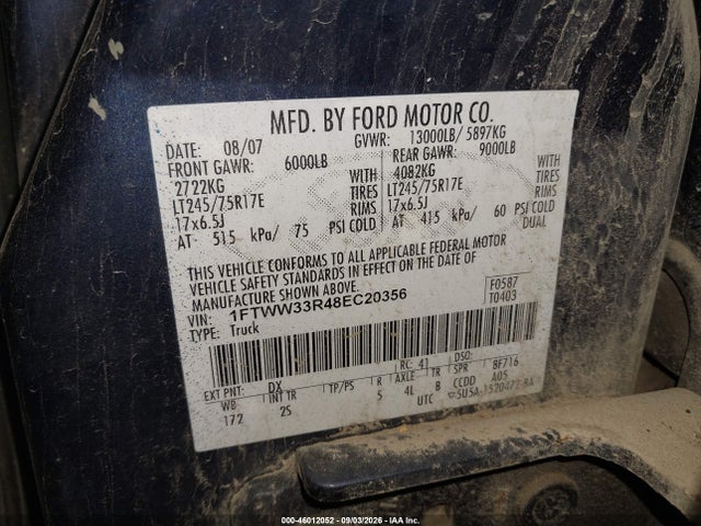 46012052 :رقم المزاد ، 1FTWW33R48EC20356 vin ، 2008 Ford F-350 Fx4/king Ranch/lariat/xl/xlt مزاد بيع