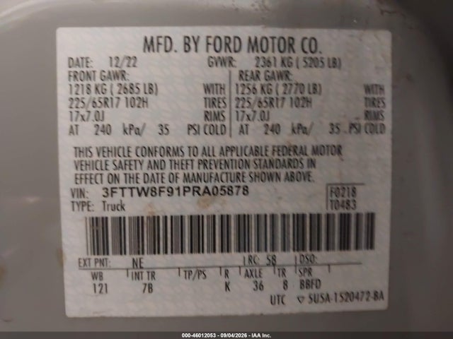 Продажа на аукционе авто 2023 Ford Maverick Xlt, vin: 3FTTW8F91PRA05878, номер лота: 46012053