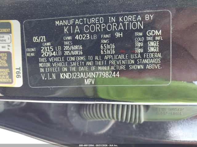 46012094 :رقم المزاد ، KNDJ23AU4N7798244 vin ، 2022 Kia Soul Lx مزاد بيع