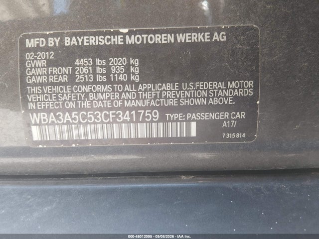 2012 Bmw 328i მანქანა იყიდება აუქციონზე, vin: WBA3A5C53CF341759, აუქციონის ნომერი: 46012095