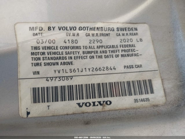 Продажа на аукционе авто 2000 Volvo S70 Se, vin: YV1LS61J1Y2662844, номер лота: 46012096