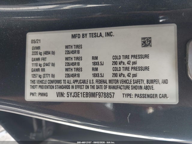 5YJ3E1EB9MF978857 Tesla Model 3 Long Range Dual Motor All-wheel Drive