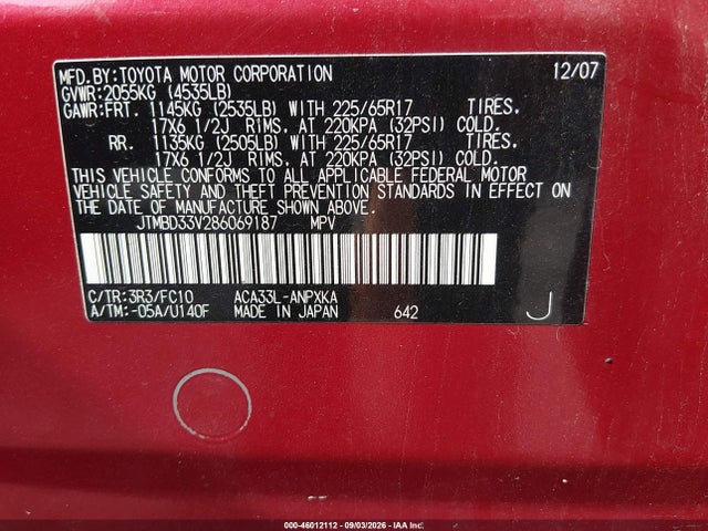Aukcja sprzedaży 2008 Toyota Rav4, vin: JTMBD33V286069187, numer aukcji: 46012112