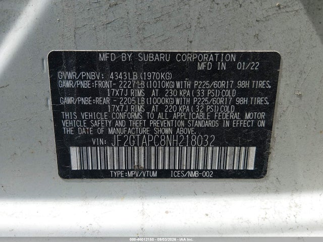 2022 Subaru Crosstrek Premium მანქანა იყიდება აუქციონზე, vin: JF2GTAPC8NH218032, აუქციონის ნომერი: 46012150