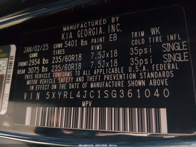 2025 Kia Sorento S მანქანა იყიდება აუქციონზე, vin: 5XYRL4JC1SG361040, აუქციონის ნომერი: 46012154
