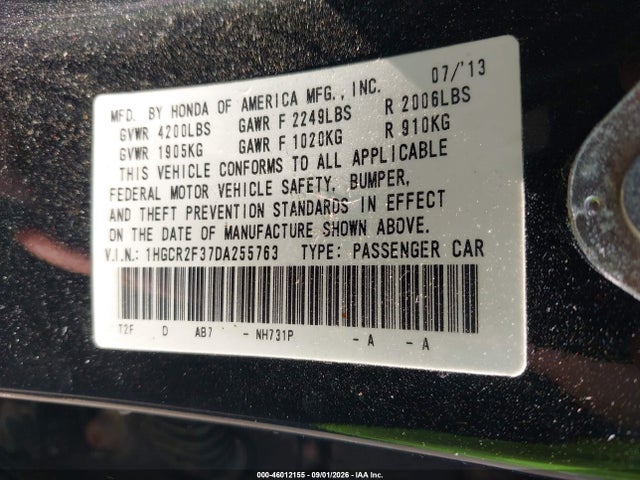 2013 Honda Accord Lx მანქანა იყიდება აუქციონზე, vin: 1HGCR2F37DA255763, აუქციონის ნომერი: 46012155