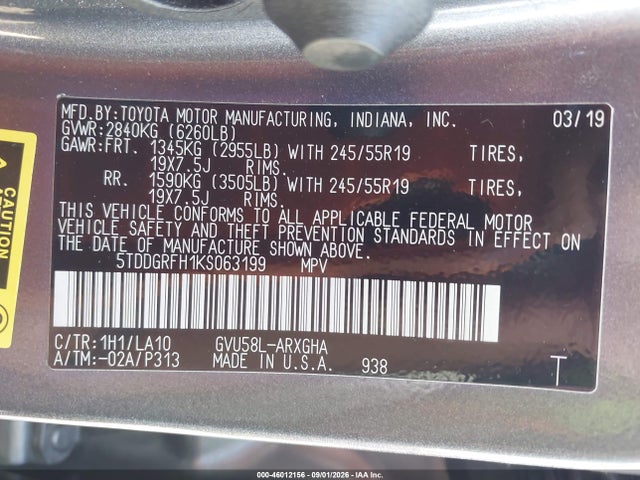 5TDDGRFH1KS063199 Toyota Highlander Hybrid Limited Platinum