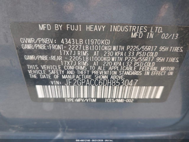 2013 Subaru Xv Crosstrek 2.0i Premium მანქანა იყიდება აუქციონზე, vin: JF2GPACC6DH853047, აუქციონის ნომერი: 46012160