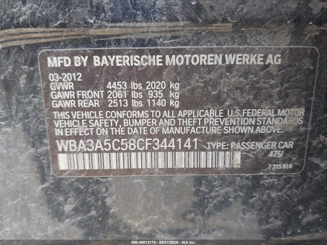 Aukcja sprzedaży 2012 Bmw 328i, vin: WBA3A5C58CF344141, numer aukcji: 46012178