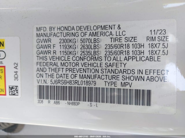 Aukcja sprzedaży 2024 Honda Cr-v Hybrid Sport-l, vin: 5J6RS6H83RL018979, numer aukcji: 46012183
