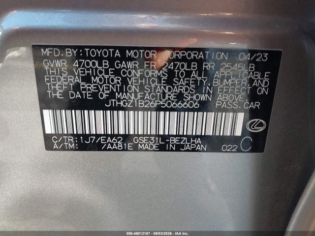 Aukcja sprzedaży 2023 Lexus Is 350 F Sport, vin: JTHGZ1B26P5066606, numer aukcji: 46012187