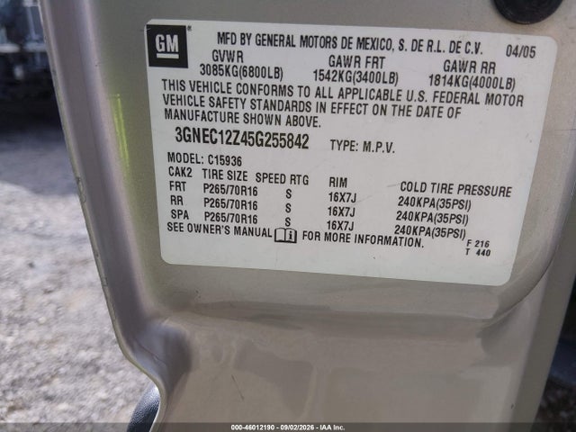 Продажа на аукционе авто 2005 Chevrolet Avalanche 1500 Ls, vin: 3GNEC12Z45G255842, номер лота: 46012190