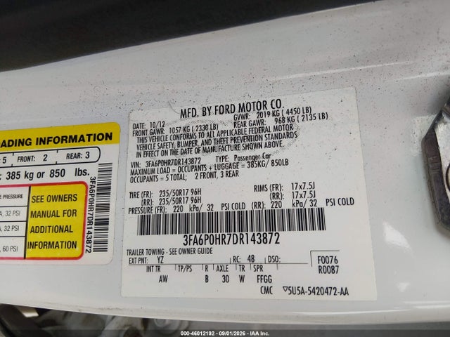 Aukcja sprzedaży 2013 Ford Fusion Se, vin: 3FA6P0HR7DR143872, numer aukcji: 46012192