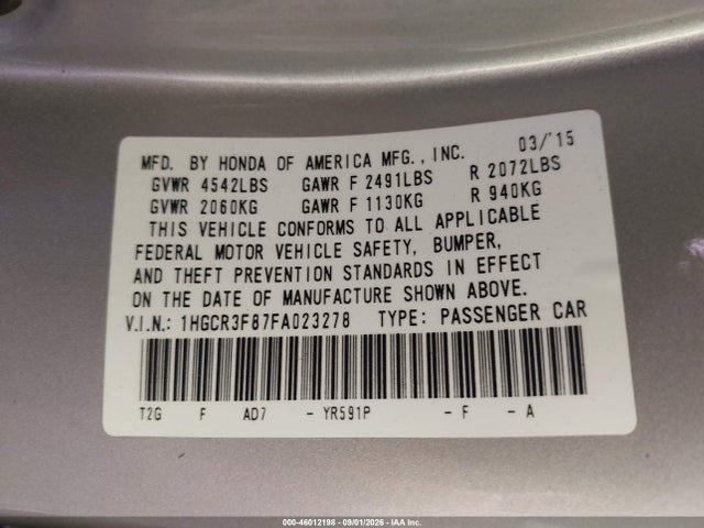 Продаж на аукціоні авто 2015 Honda Accord Ex-l V-6, vin: 1HGCR3F87FA023278, номер лоту: 46012198
