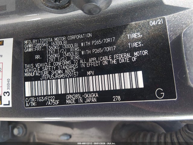 Продажа на аукционе авто 2021 Toyota 4runner Trd Off Road, vin: JTEPU5JR6M5929157, номер лота: 46012212