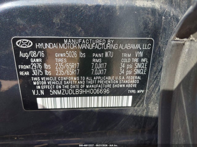 2017 Hyundai Santa Fe Sport 2.4l მანქანა იყიდება აუქციონზე, vin: 5NMZUDLB9HH006696, აუქციონის ნომერი: 46012227
