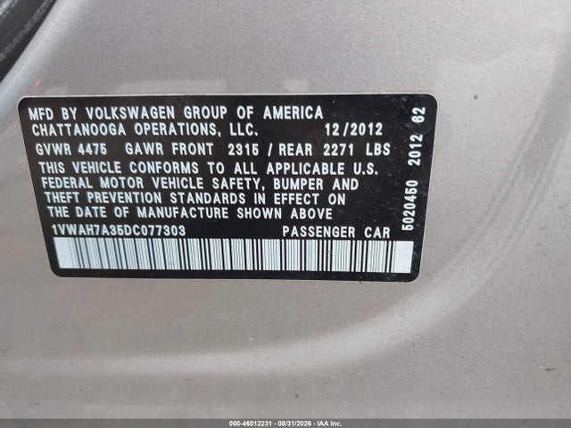 46012231 :رقم المزاد ، 1VWAH7A35DC077303 vin ، 2013 Volkswagen Passat 2.5l S مزاد بيع