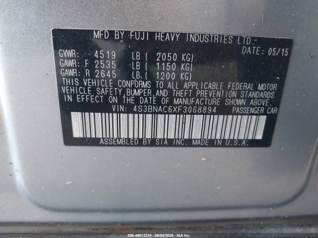 46012234 :رقم المزاد ، 4S3BNAC6XF3068894 vin ، 2015 Subaru Legacy 2.5i Premium مزاد بيع