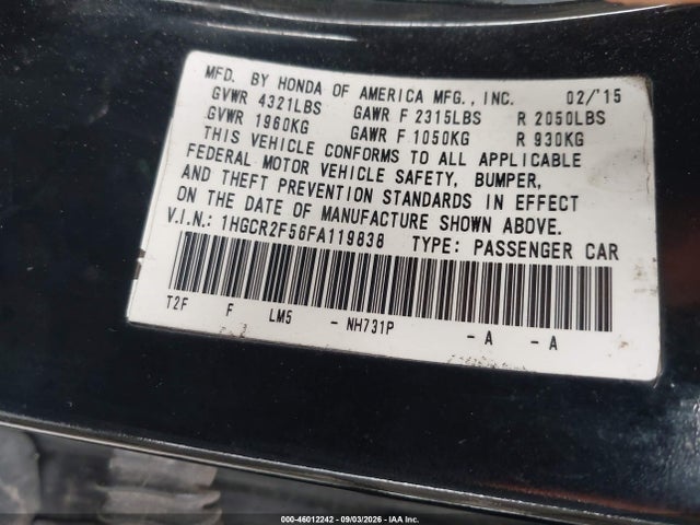 Aukcja sprzedaży 2015 Honda Accord Sport, vin: 1HGCR2F56FA119838, numer aukcji: 46012242