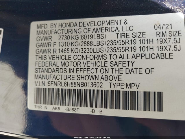 Aukcja sprzedaży 2022 Honda Odyssey Touring, vin: 5FNRL6H88NB013602, numer aukcji: 46012246