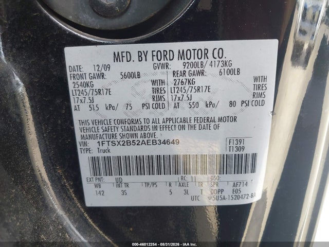 46012254 :رقم المزاد ، 1FTSX2B52AEB34649 vin ، 2010 Ford Super Duty F-250 Srw Lariat/xl/xlt مزاد بيع