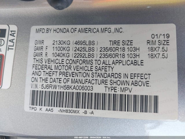 Honda CR-V EX 2019 5J6RW1H58KA006003 Image 9