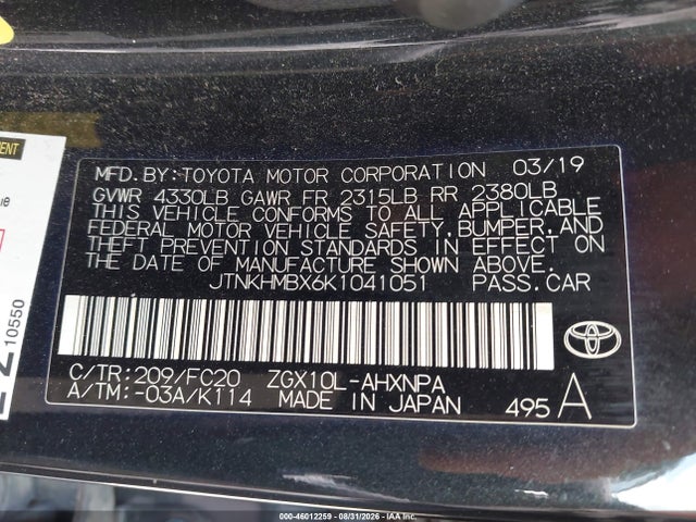 2019 Toyota C-hr Le მანქანა იყიდება აუქციონზე, vin: JTNKHMBX6K1041051, აუქციონის ნომერი: 46012259