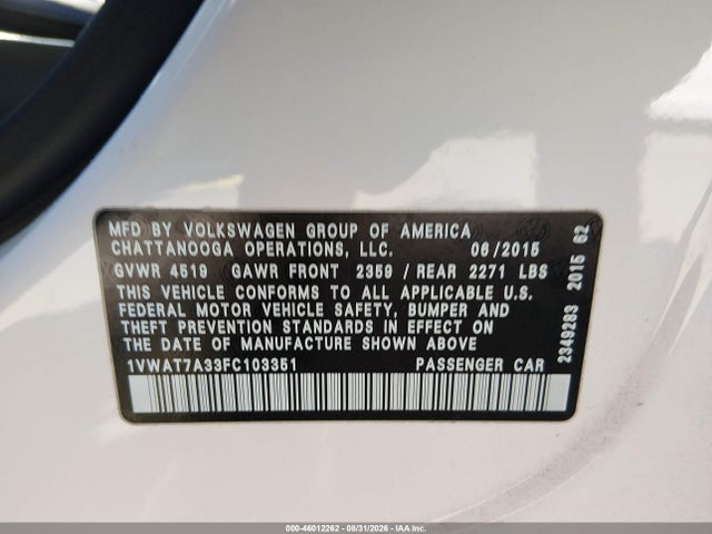 Продаж на аукціоні авто 2015 Volkswagen Passat 1.8t Limited Edition, vin: 1VWAT7A33FC103351, номер лоту: 46012262
