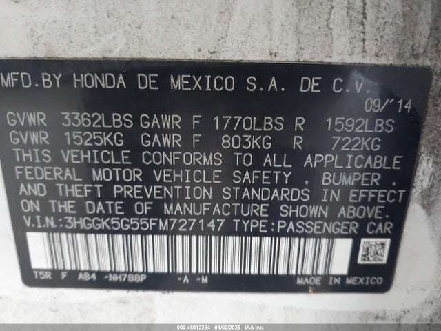 46012284 :رقم المزاد ، 3HGGK5G55FM727147 vin ، 2015 Honda Fit Lx مزاد بيع