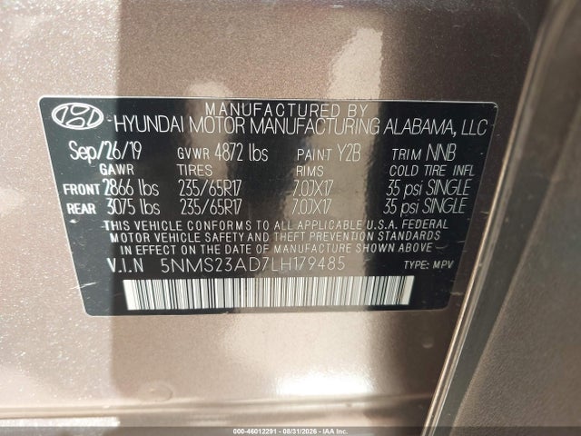 46012291 :رقم المزاد ، 5NMS23AD7LH179485 vin ، 2020 Hyundai Santa Fe Se مزاد بيع