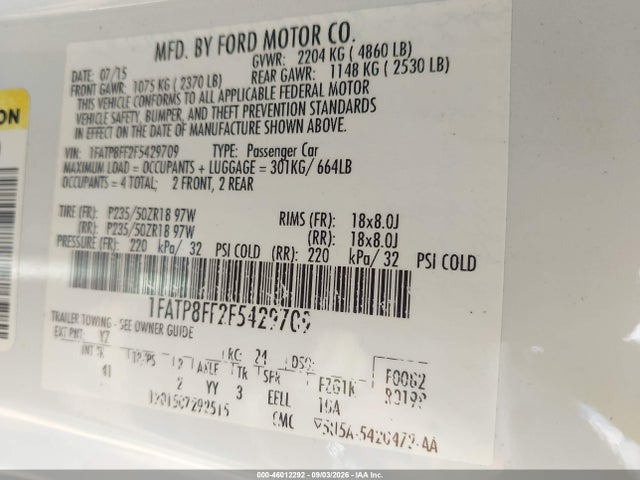 Продажа на аукционе авто 2015 Ford Mustang Gt Premium, vin: 1FATP8FF2F5429709, номер лота: 46012292