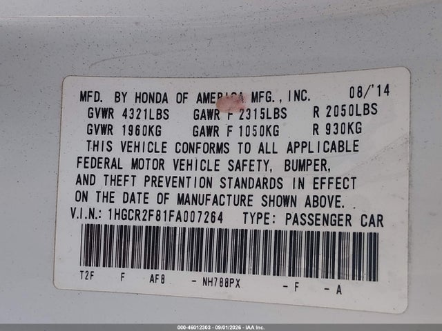 Продаж на аукціоні авто 2015 Honda Accord Ex-l, vin: 1HGCR2F81FA007264, номер лоту: 46012303