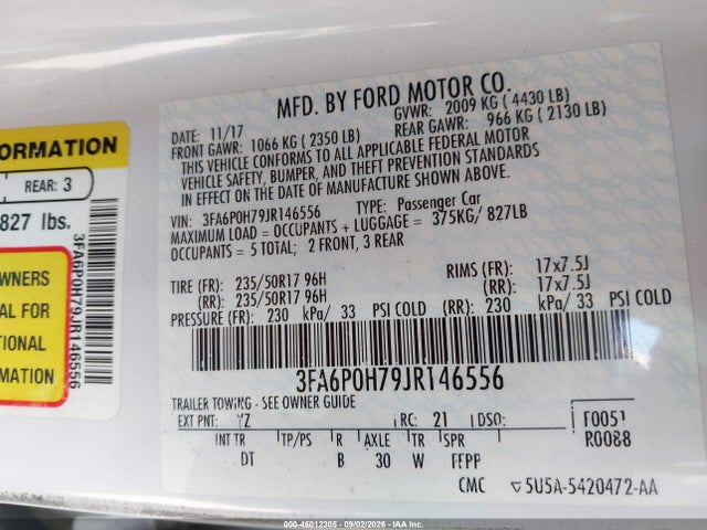 Aukcja sprzedaży 2018 Ford Fusion Se, vin: 3FA6P0H79JR146556, numer aukcji: 46012305