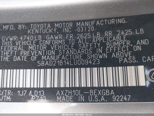 2020 Lexus Es 300h მანქანა იყიდება აუქციონზე, vin: 58AD21B14LU009423, აუქციონის ნომერი: 46012314