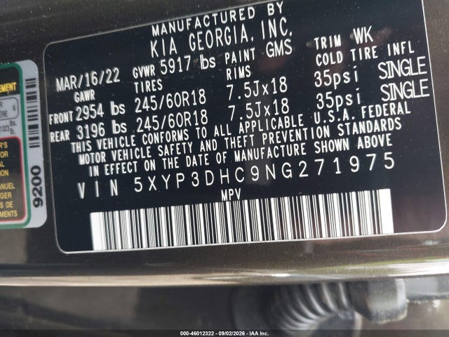 Aukcja sprzedaży 2022 Kia Telluride Ex, vin: 5XYP3DHC9NG271975, numer aukcji: 46012322