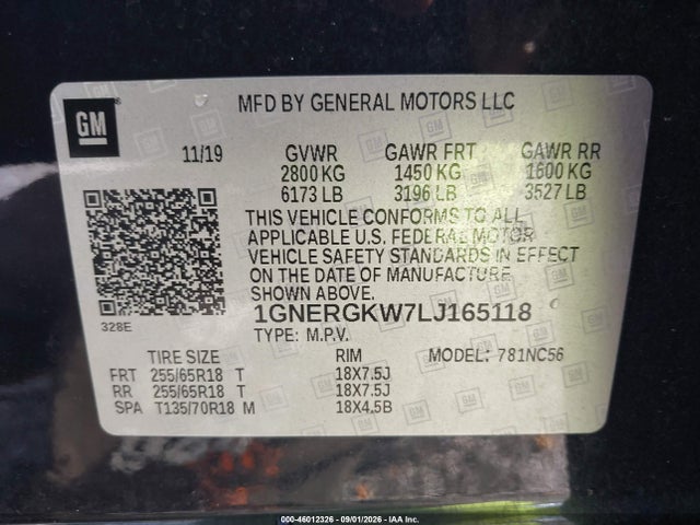 46012326 :رقم المزاد ، 1GNERGKW7LJ165118 vin ، 2020 Chevrolet Traverse Fwd Lt Cloth مزاد بيع