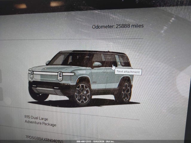2024 Rivian R1s Adventure Dual Motor Large Pack/adventure Dual Motor Perf Large Pack მანქანა იყიდება აუქციონზე, vin: 7PDSGBBAXRN040150, აუქციონის ნომერი: 46012333
