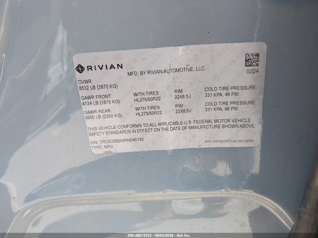 2024 Rivian R1s Adventure Dual Motor Large Pack/adventure Dual Motor Perf Large Pack მანქანა იყიდება აუქციონზე, vin: 7PDSGBBAXRN040150, აუქციონის ნომერი: 46012333