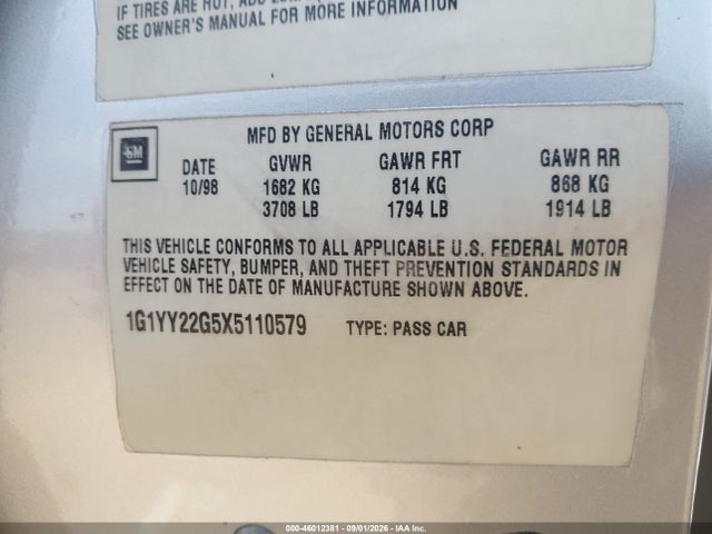 Продажа на аукционе авто 1999 Chevrolet Corvette, vin: 1G1YY22G5X5110579, номер лота: 46012381