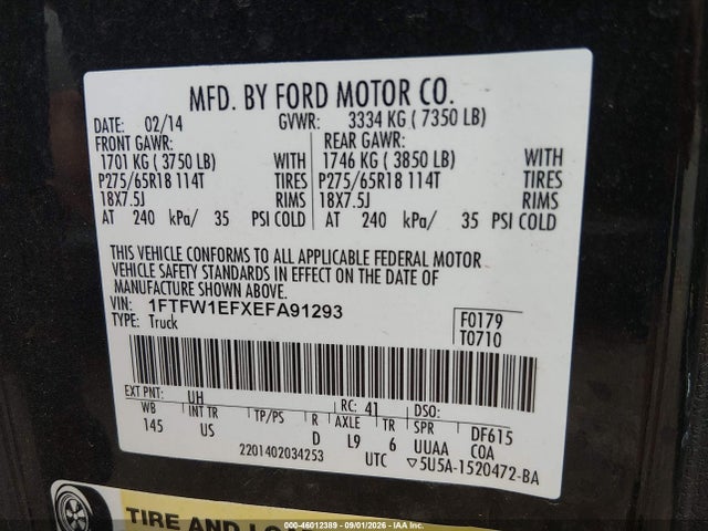 Aukcja sprzedaży 2014 Ford F-150 Xlt, vin: 1FTFW1EFXEFA91293, numer aukcji: 46012389