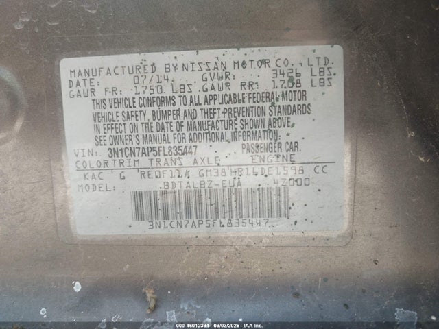 3N1CN7AP5FL835447 Nissan Versa 1.6 Sv