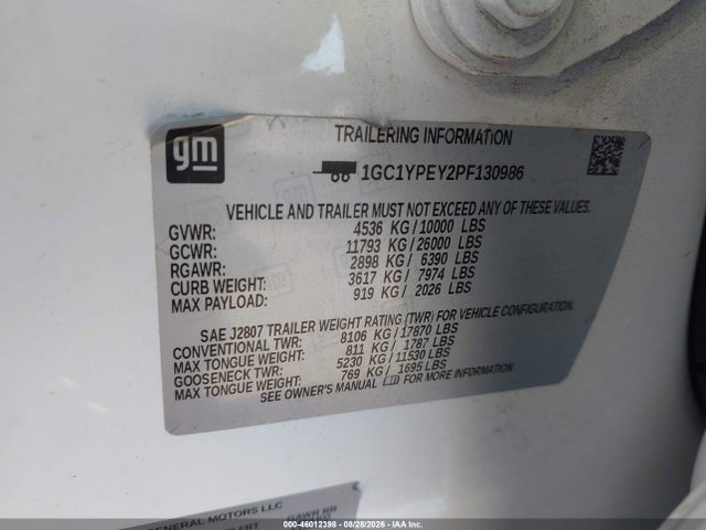 Продажа на аукционе авто 2023 Chevrolet Silverado 2500hd 4wd  Standard Bed Ltz, vin: 1GC1YPEY2PF130986, номер лота: 46012398