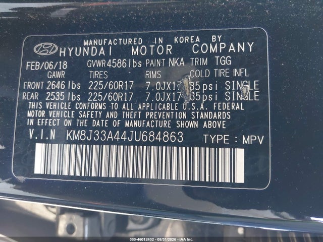 KM8J33A44JU684863 Hyundai TUCSON SEL