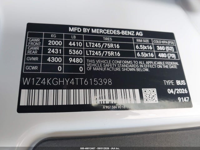Продаж на аукціоні авто 2026 Mercedes-benz Sprinter 2500 High Roof 4-cyl Diesel, vin: W1Z4KGHY4TT615398, номер лоту: 46012407