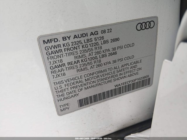 Aukcja sprzedaży 2023 Audi Q3 Premium Plus 45 Tfsi S Line Quattro Tiptronic, vin: WA1EECF33P1023605, numer aukcji: 46012409