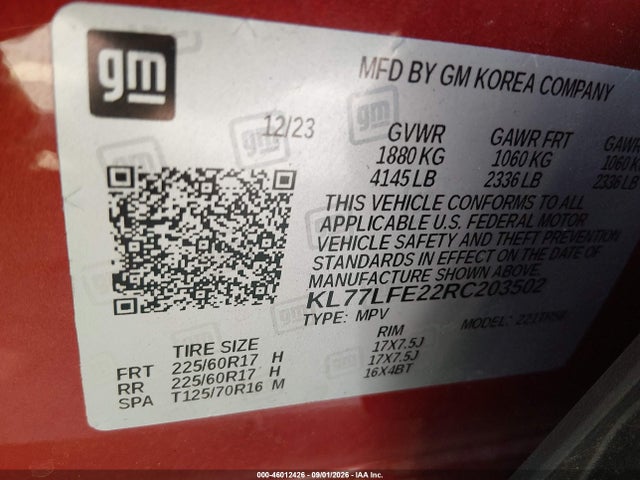2024 Chevrolet Trax Fwd Sp მანქანა იყიდება აუქციონზე, vin: KL77LFE22RC203502, აუქციონის ნომერი: 46012426