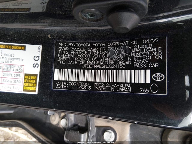 2022 Toyota Corolla Le მანქანა იყიდება აუქციონზე, vin: JTDEPMAE2NJ224150, აუქციონის ნომერი: 46012428