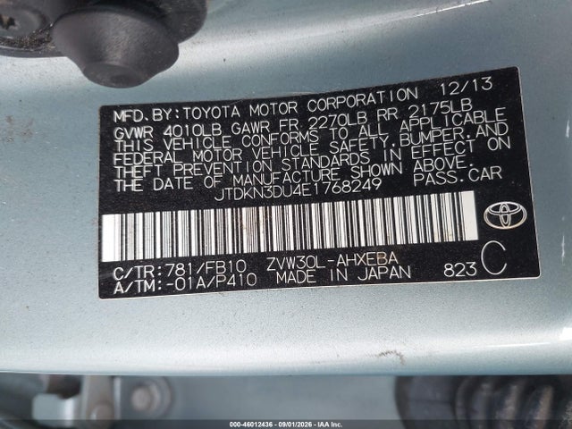 2014 Toyota Prius Two მანქანა იყიდება აუქციონზე, vin: JTDKN3DU4E1768249, აუქციონის ნომერი: 46012436